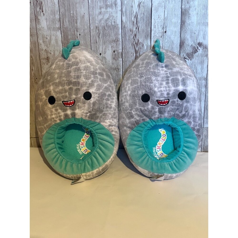 Squishmallows Chuey Dinosaur Slippers Grey Teal Size 6-7 Big Kids Indoor Shoes